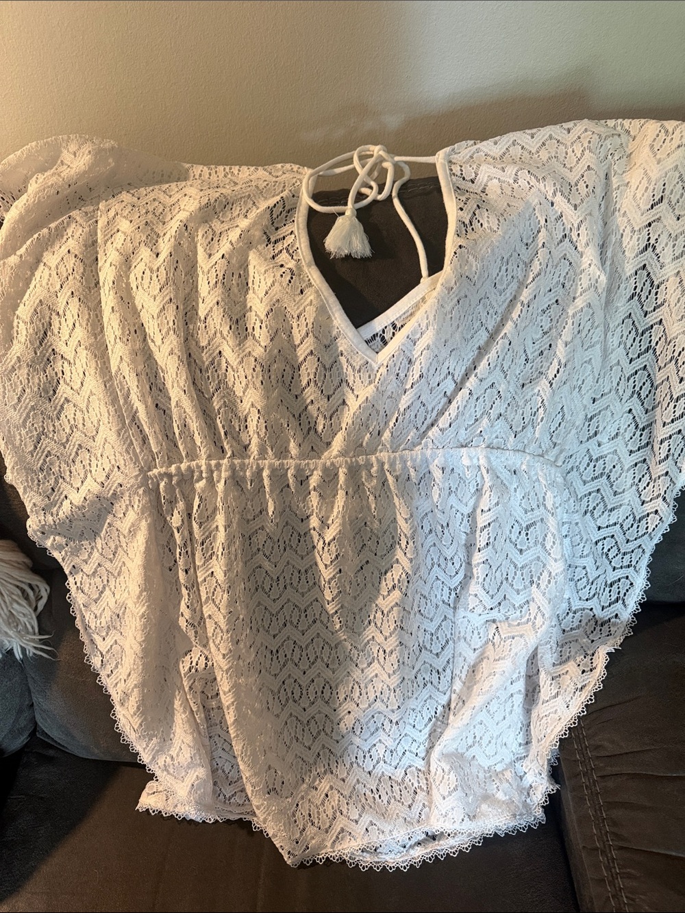 Miken White Lace Swim Coverup with Tassel Tie